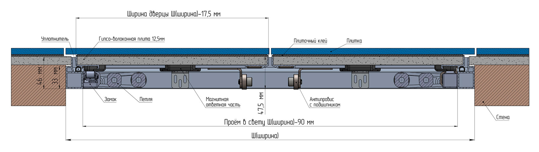 Схема установки люка под плитку Архитектор с 2 дверцами