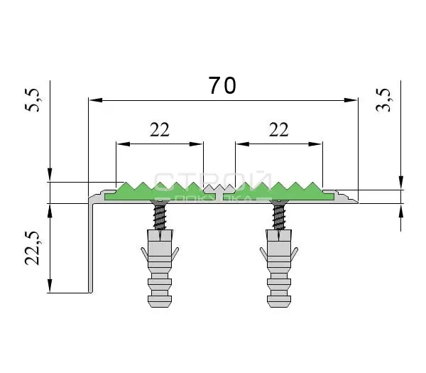 Размер алюминиевого накладного угол порога Next АНУ70-2 с резиновыми вставками.