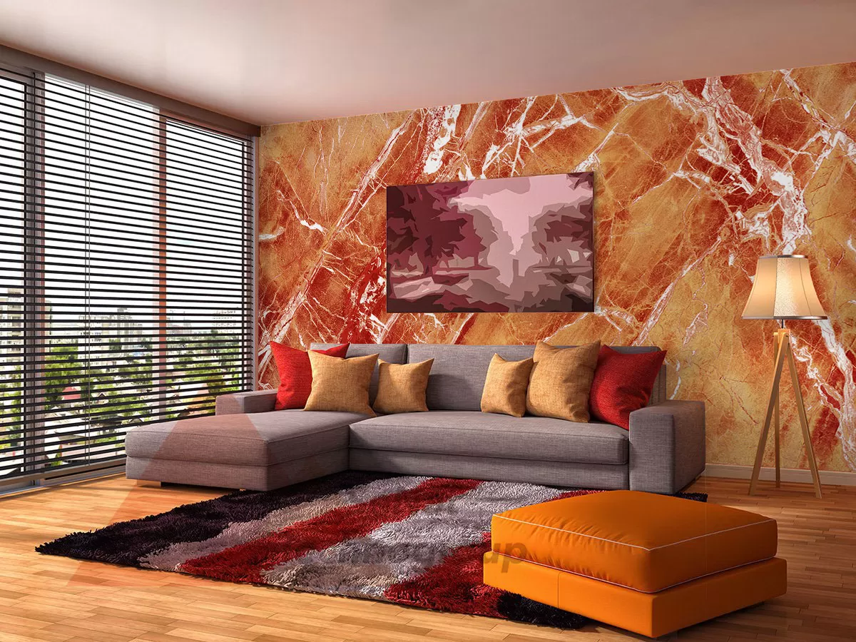 Гибкий мрамор Сердолик CL каменный шпон оранжевого цвета для стен и потолка в интерьере гостиной.