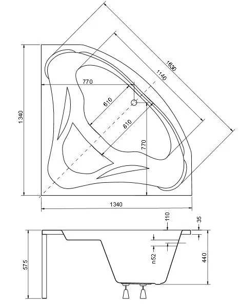 Схематические размеры Вид на акриловой угловой ванны с сиденьем Ewa 134.