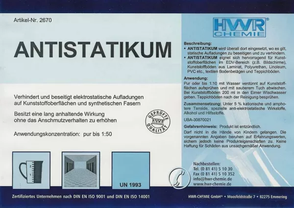 Этикетка антистатического очистителя Antistatikum для синтетических и пластиковых поверхностей, ковровых покрытий.
