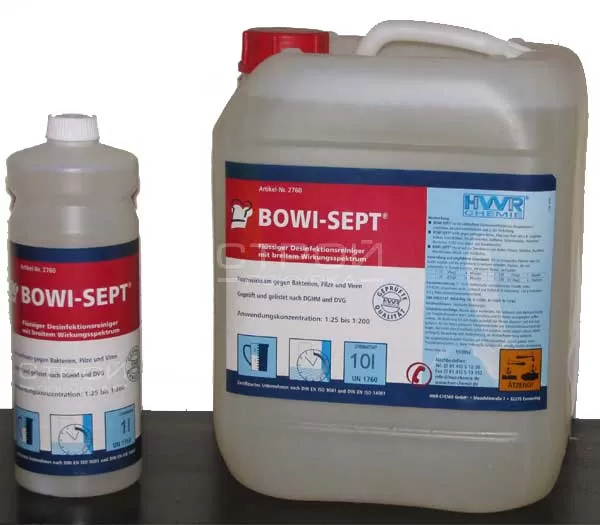Возможная фасовка средства для дезинфекции помещений Bowi-Sept в канистрах по 1 и 10 литров.