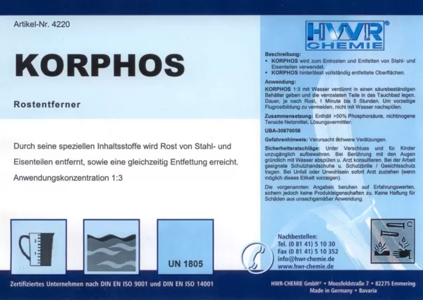 Этикетка преобразователя ржавчины промышленного Korphos (Корфос).