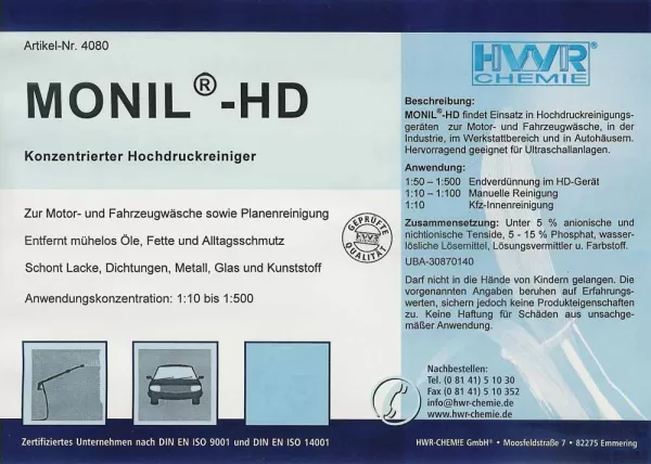 Этикетка средства для мойки машин Monil-HD очистителя высокого давления.