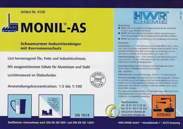 Этикетка средства для поломоечных машин Monil-AS (Монил АС)  с антикоррозионным действием.