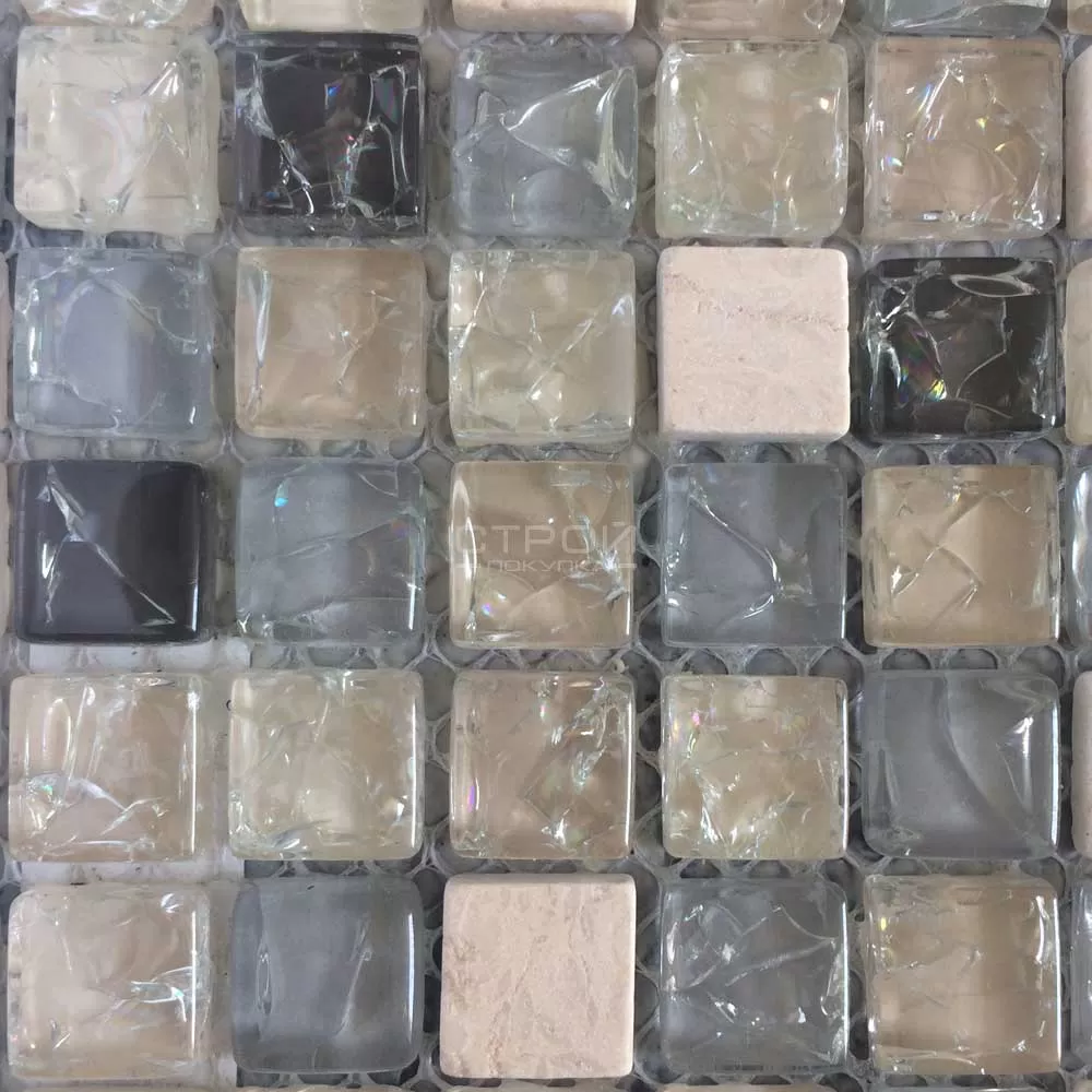 Мозаика на сетке стеклянная. Серия битое стекло со вставками из натурального камня GS100В